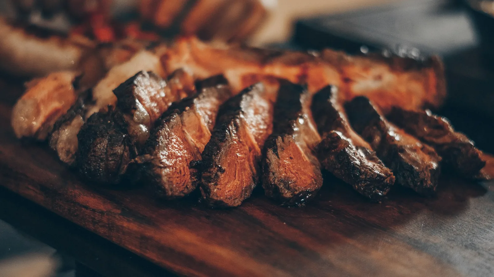Cooked sliced beef in warm light