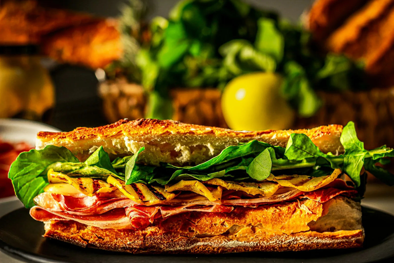 A hot sandwich on a dark background