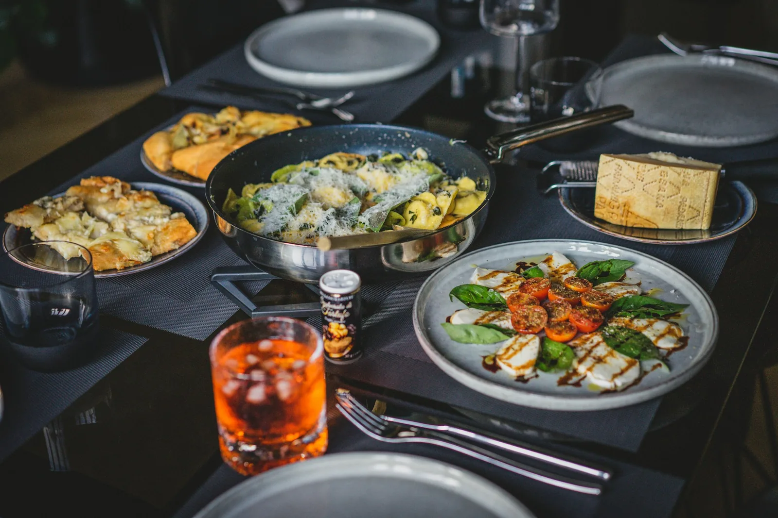 An Italian meal spread across a table