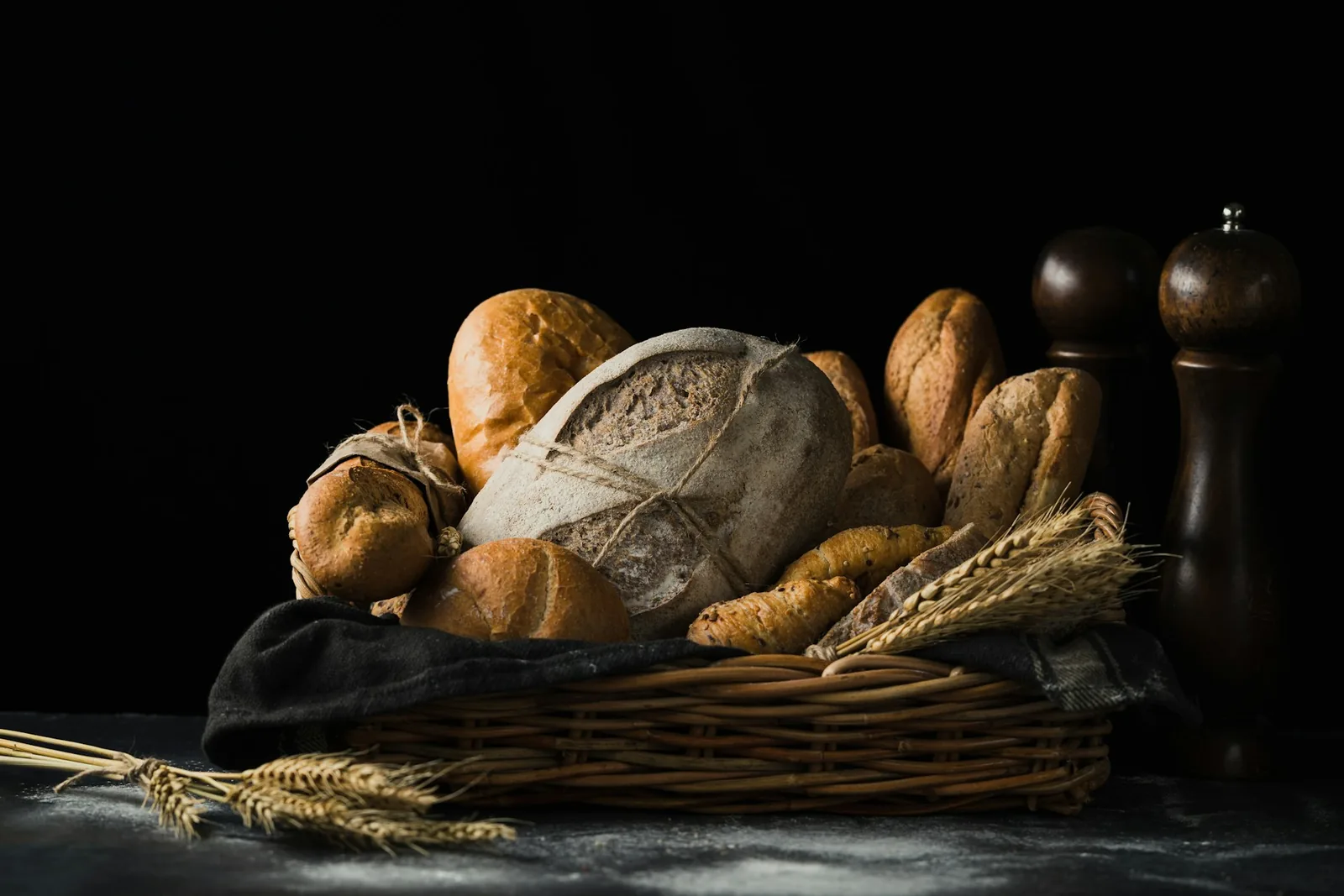A basket of bread on a table