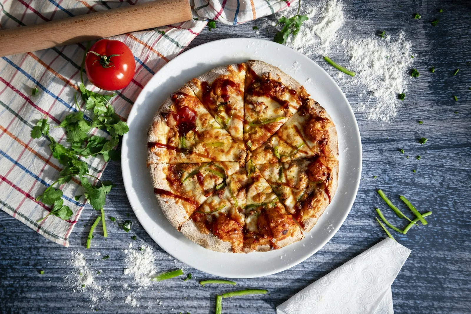 A pizza on a wooden table