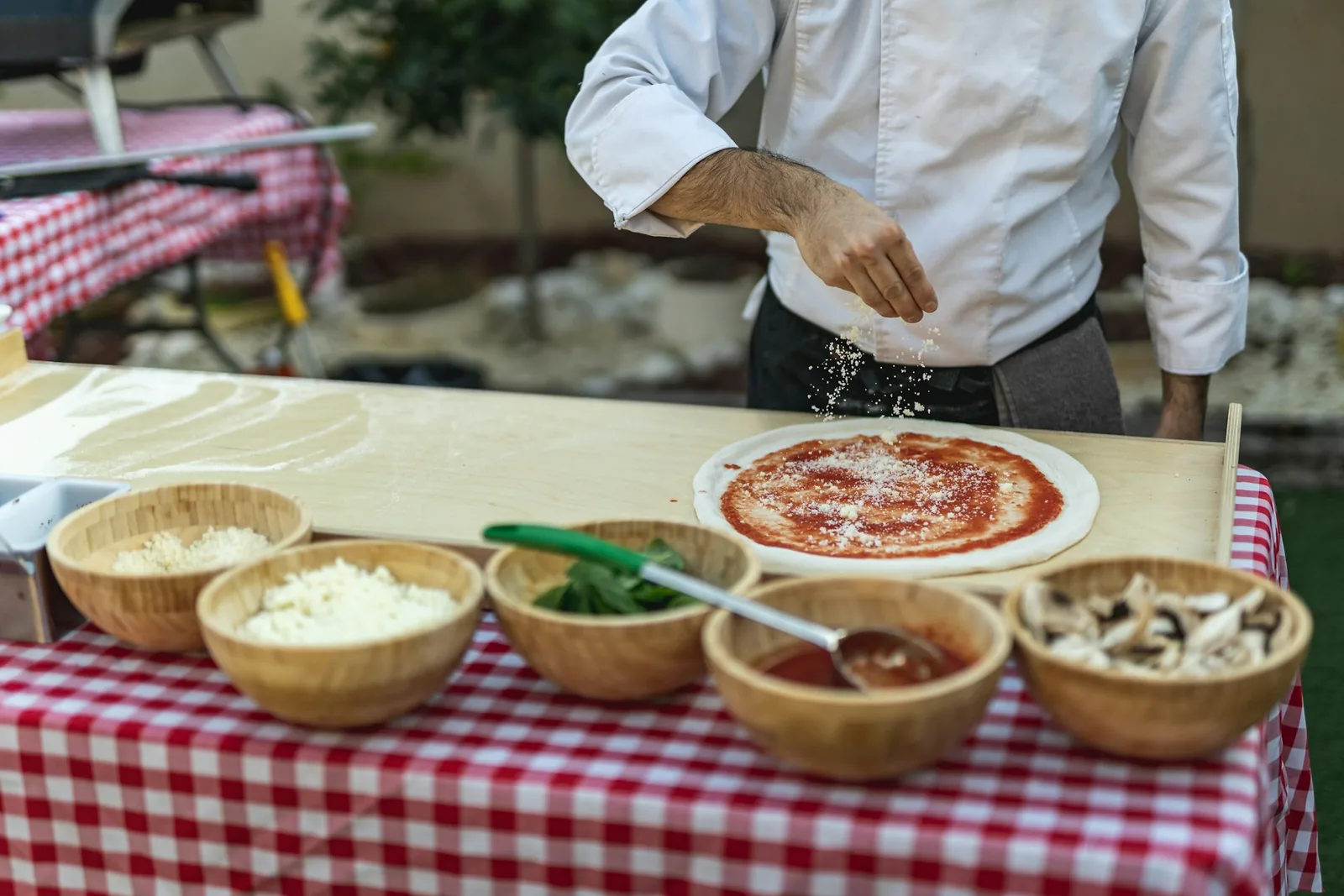Prepared toppings in bowls