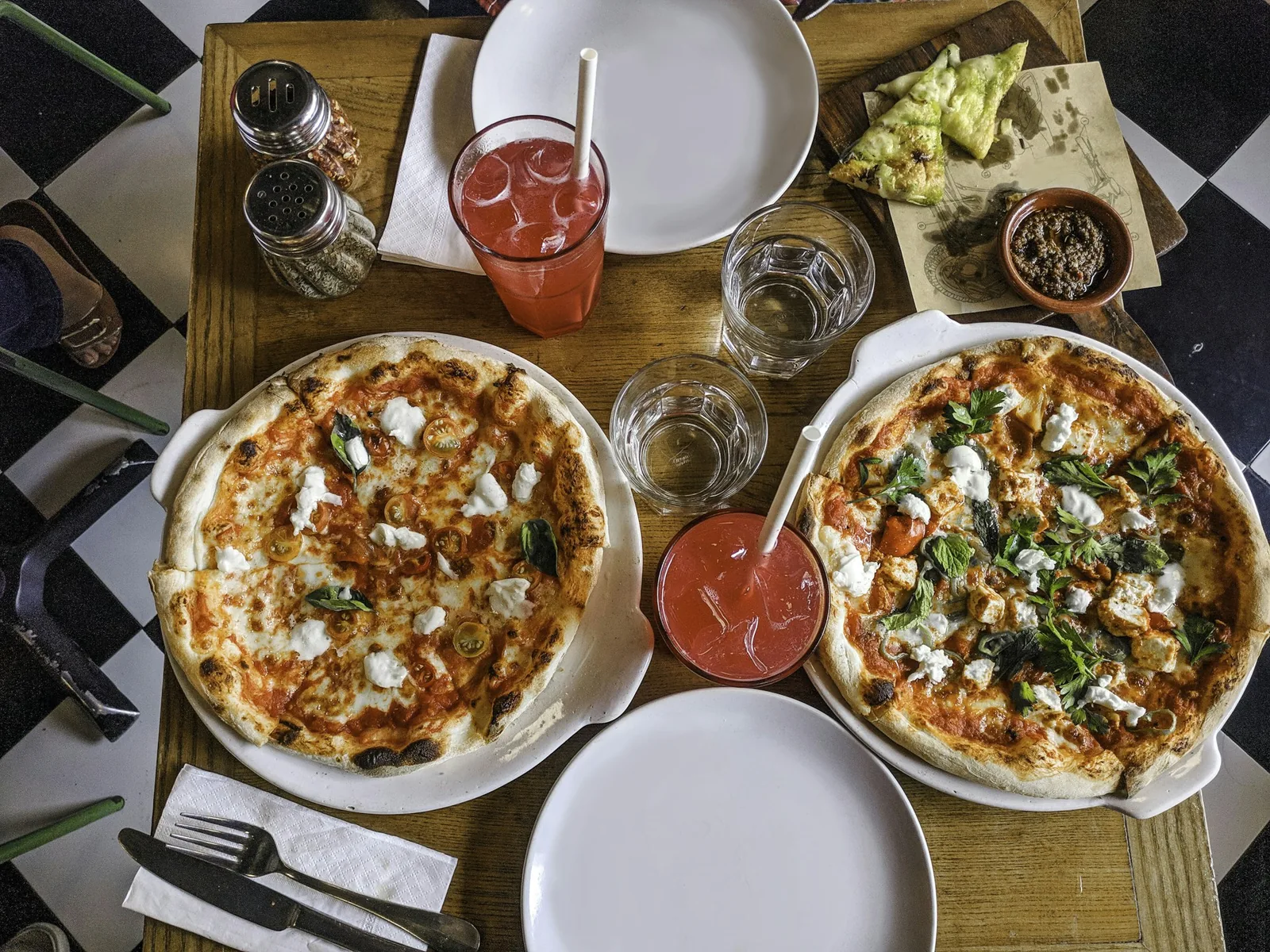 A whole pizza photographed from above