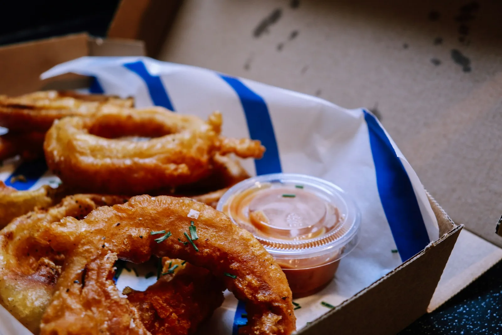 Fries and onion rings from above