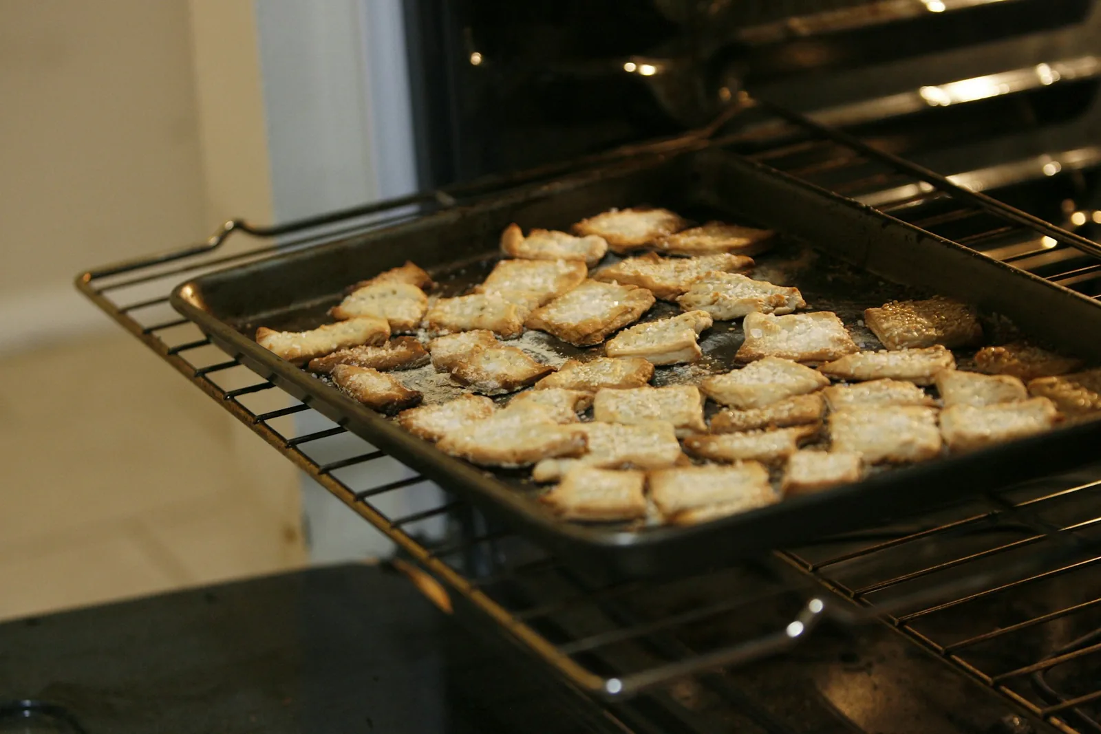 Toasted bread cubes on a tray