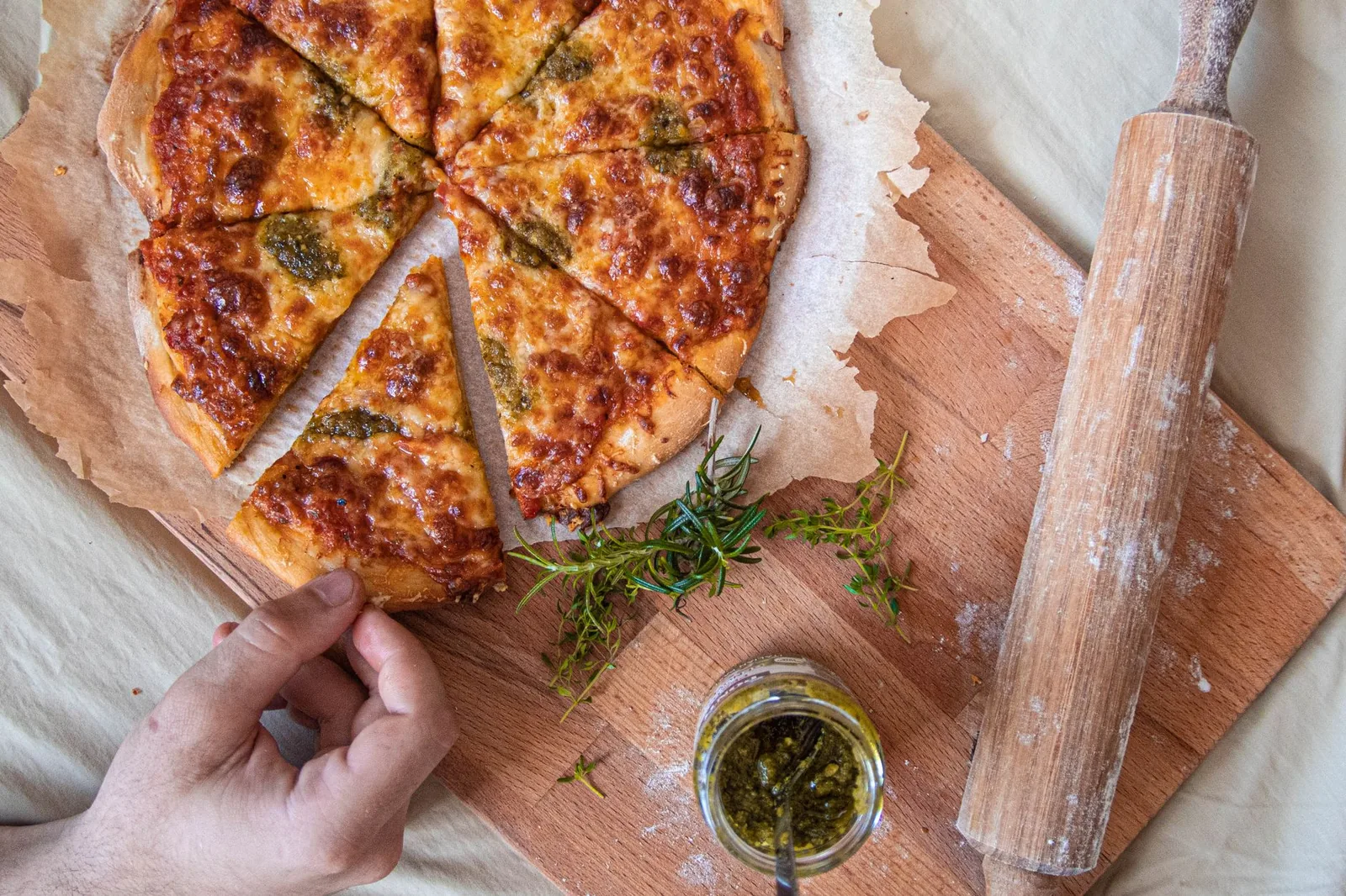A pizza cut into slices