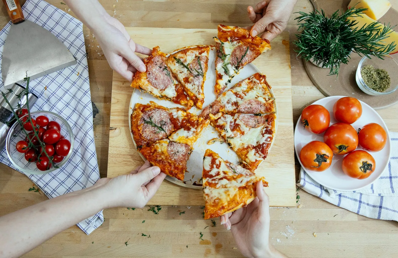 Pizza slices on a board