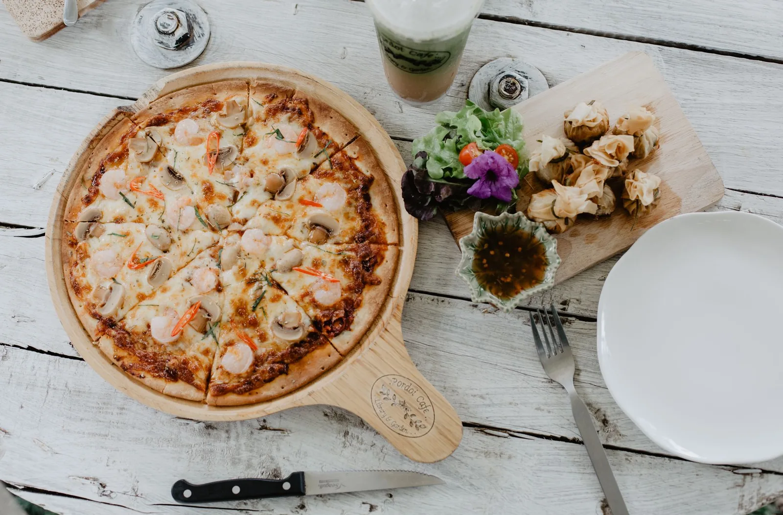 A pizza photographed from above