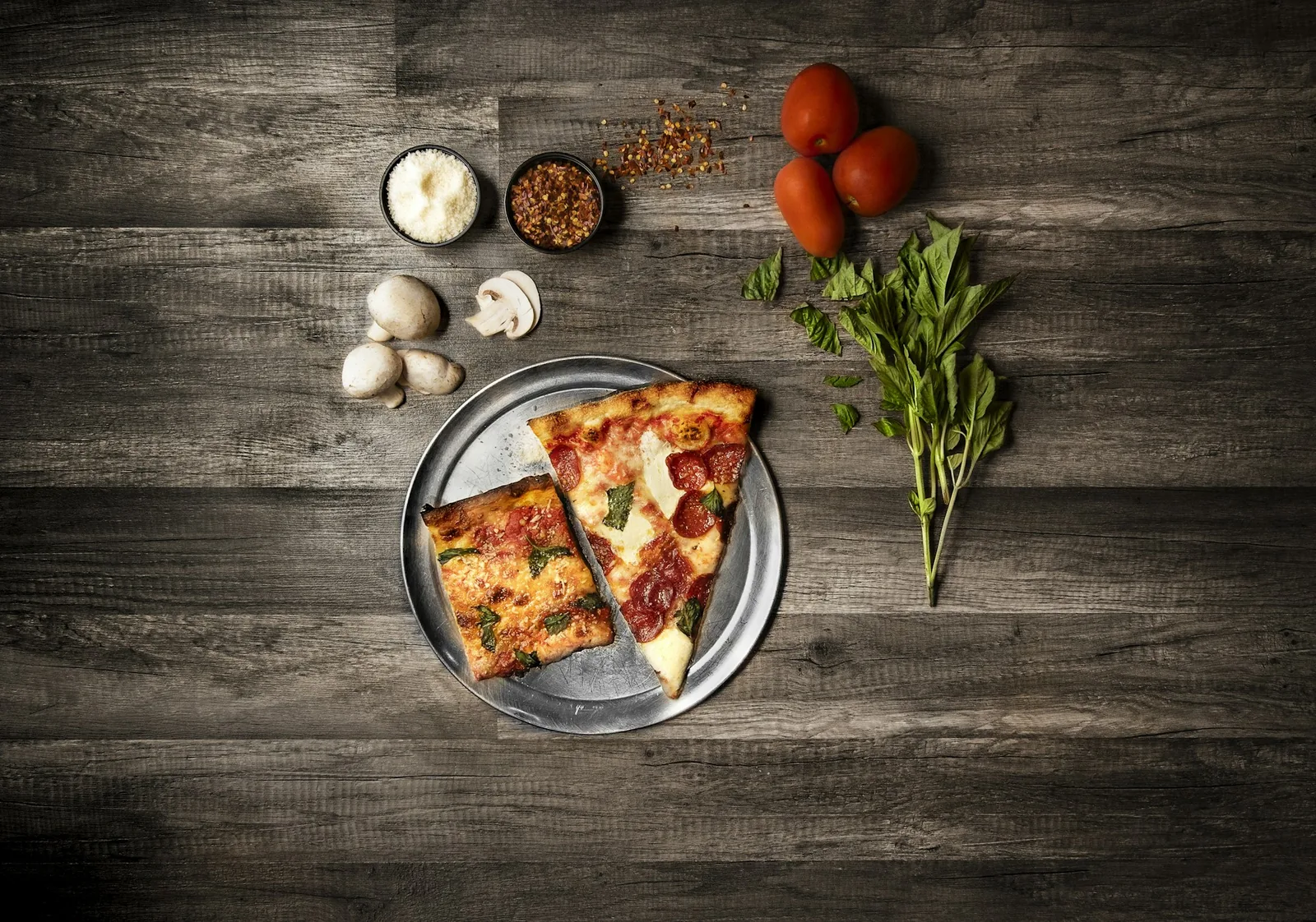 Square-cut pizza on a tray