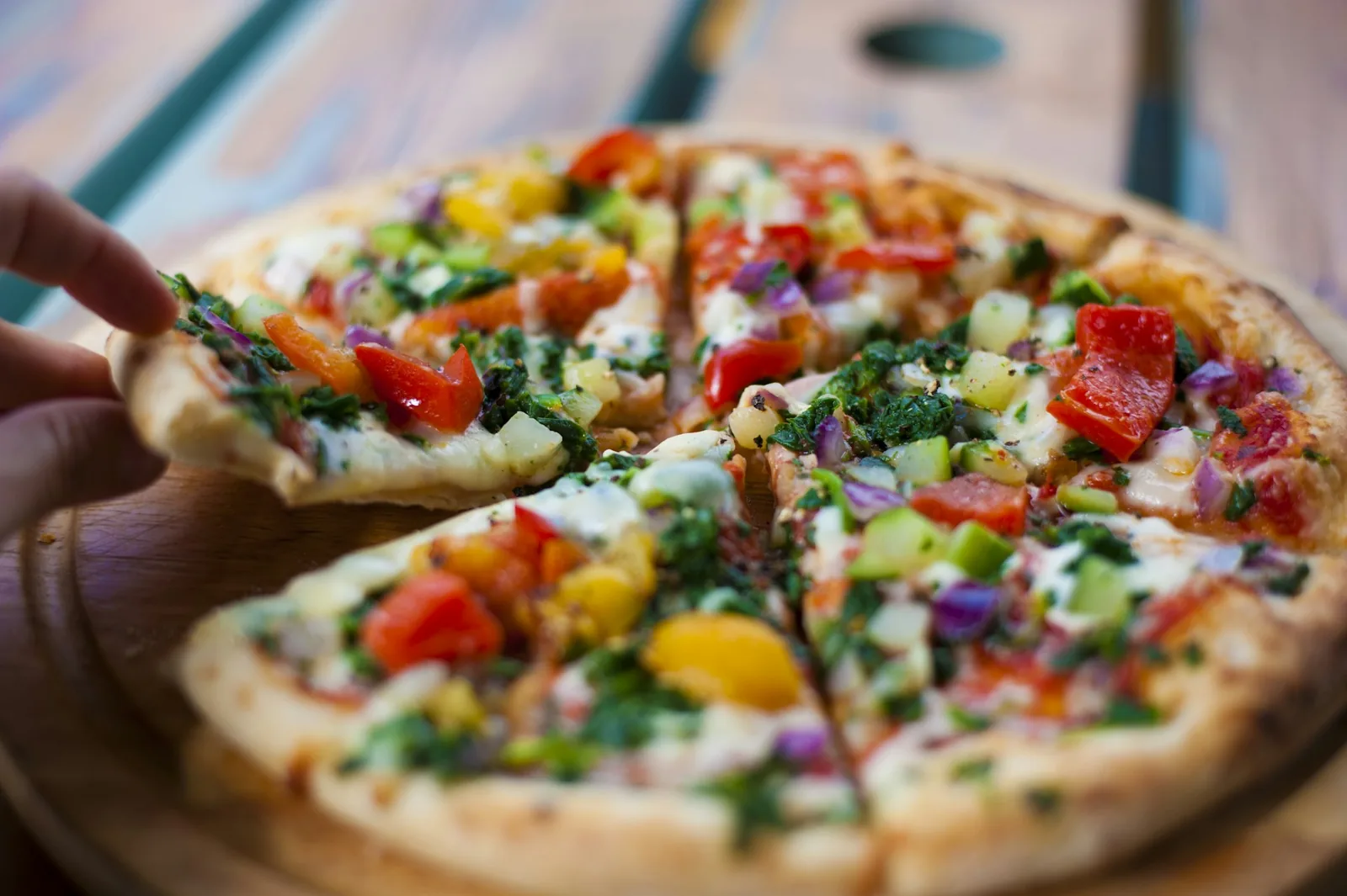 A vegetable pizza in warm light