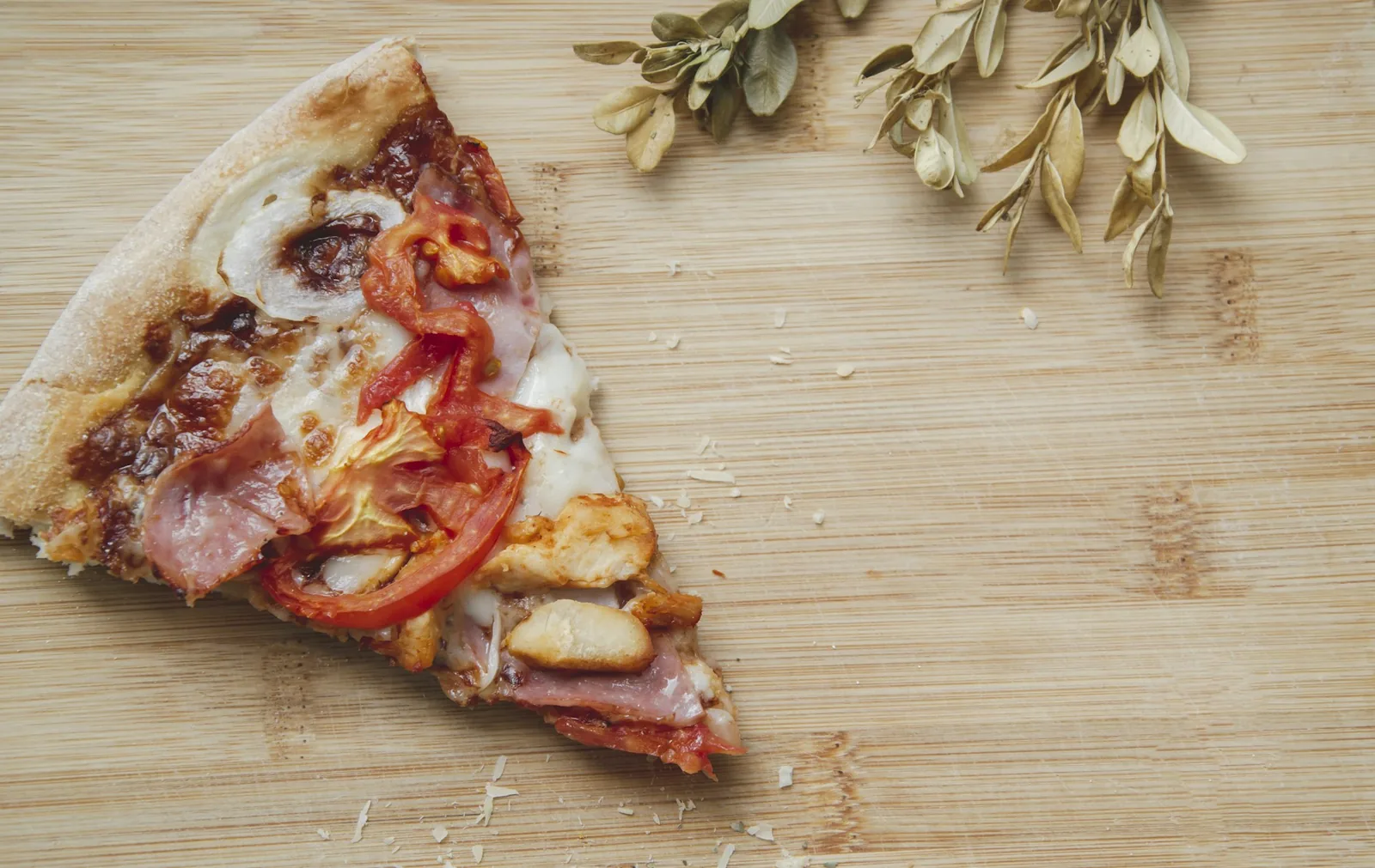 A single pizza slice on a dark background