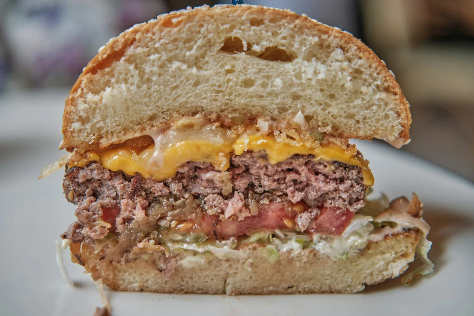 A burger cut in half