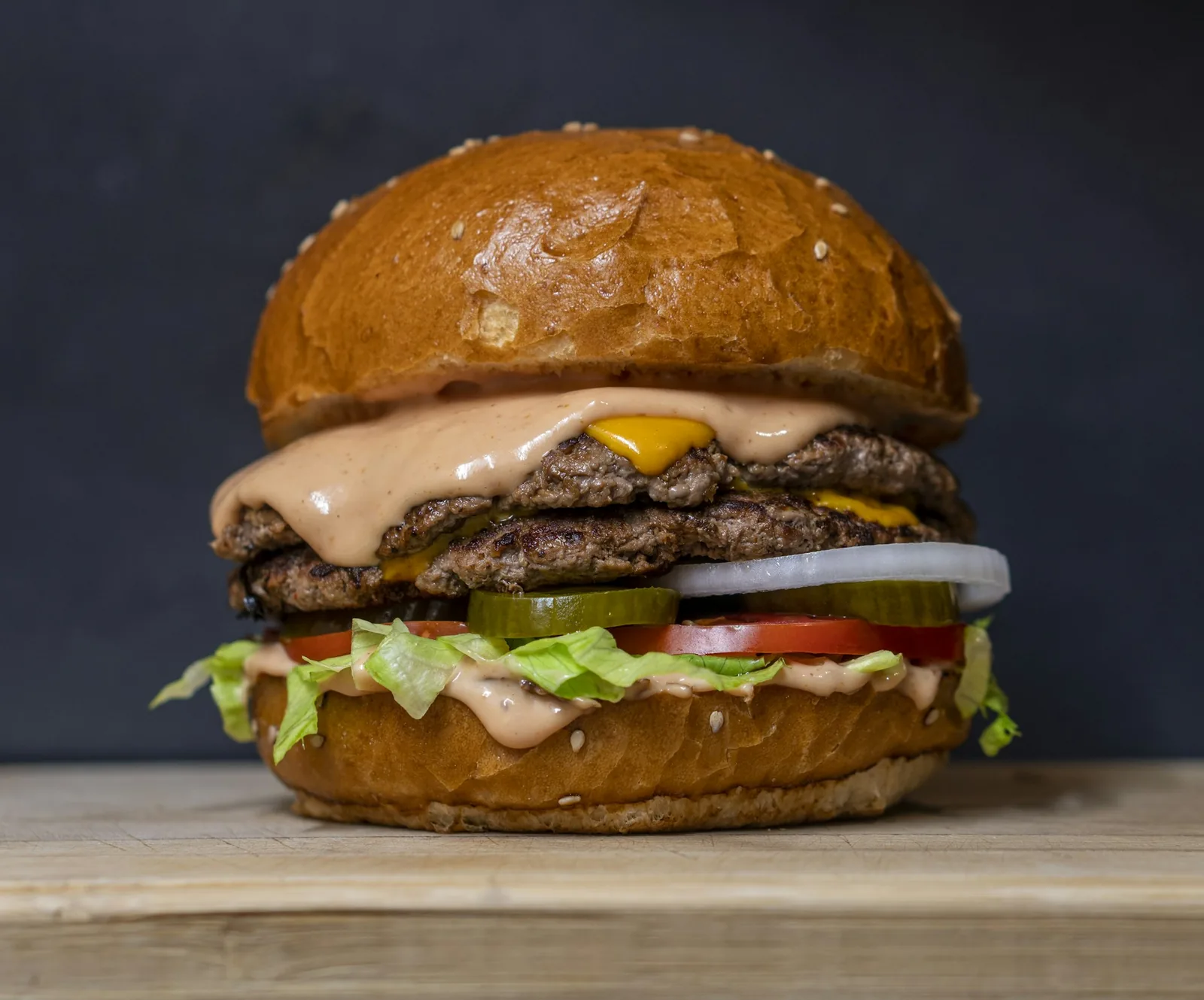 A burger on a board