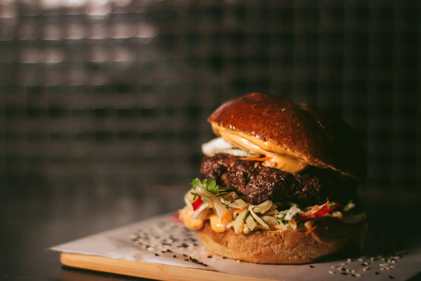 A burger on a dark background