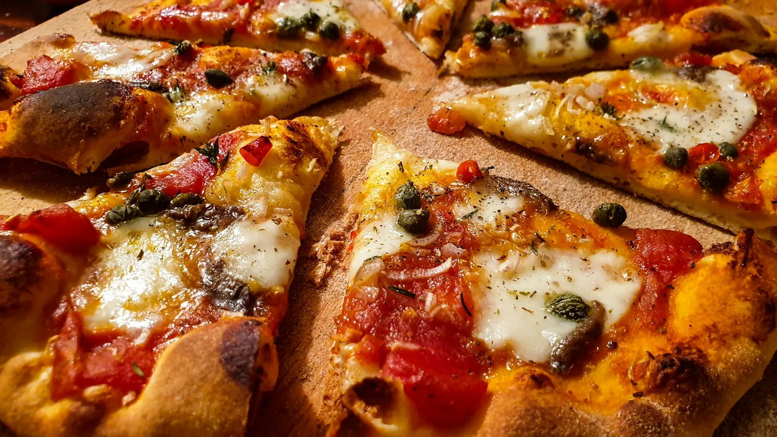 A freshly cut pizza
